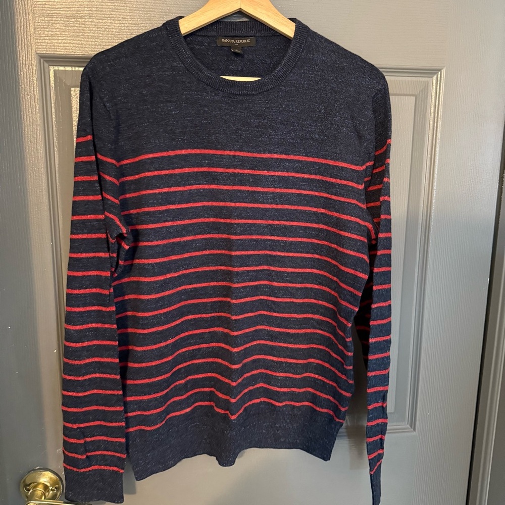 Banana Republic Navy and Red Striped Crewneck Sweater